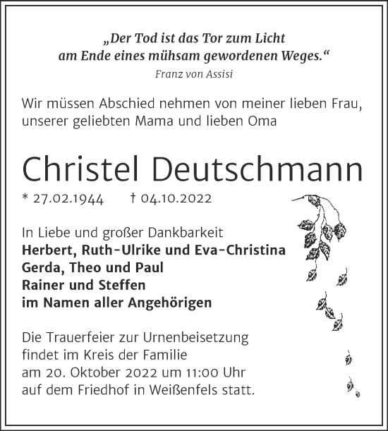 Traueranzeige von Christel Deutschmann von Trauerkombi Weißenfels