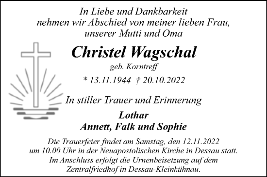 Traueranzeige von Christel Wagschal von Trauerkombi Dessau