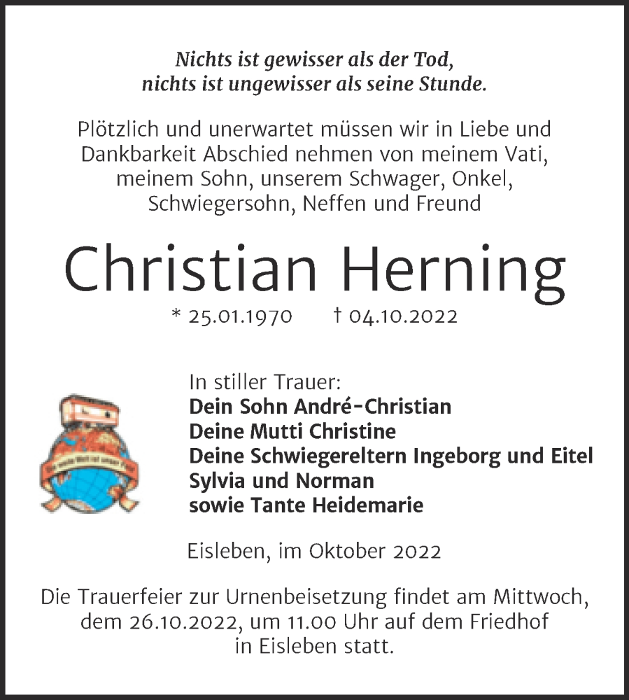  Traueranzeige für Christian Herning vom 19.10.2022 aus Trauerkombi Mansfelder Land