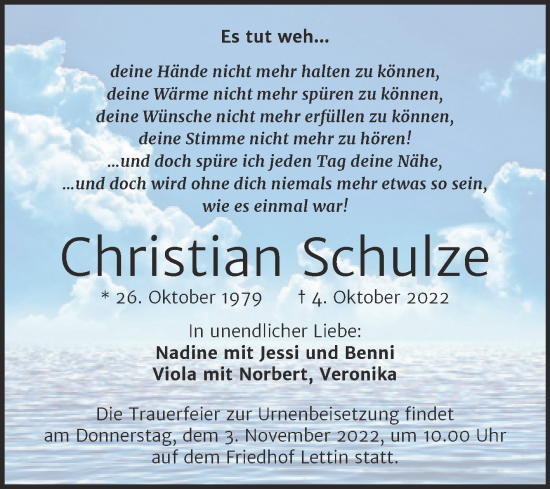 Traueranzeige von Christian Schulze von Mitteldeutsche Zeitung Halle/Saalkreis