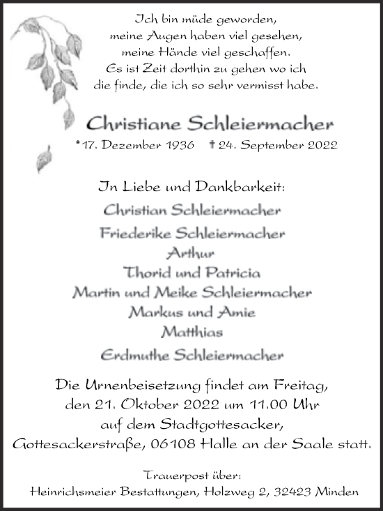 Traueranzeige von Christiane Schleiermacher von Mitteldeutsche Zeitung Halle/Saalkreis