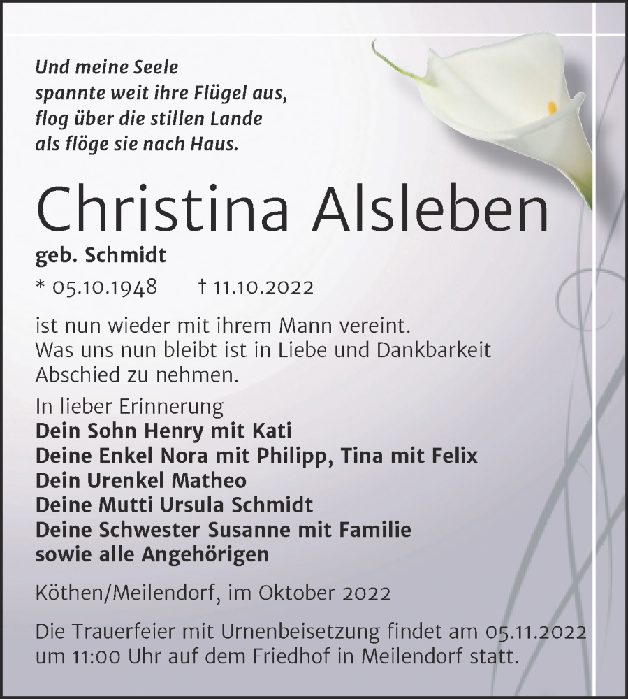  Traueranzeige für Christina Alsleben vom 22.10.2022 aus Trauerkombi Köthen