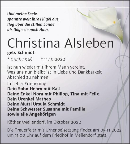 Traueranzeige von Christina Alsleben von Trauerkombi Köthen