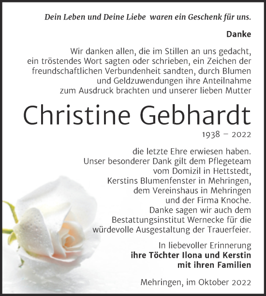 Traueranzeige von Christine Gebhardt von Trauerkombi Aschersleben