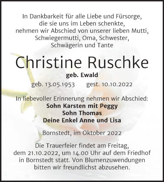 Traueranzeige von Christine Ruschke von Trauerkombi Mansfelder Land
