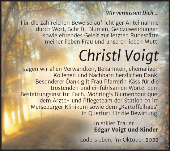 Traueranzeige von Christl Voigt von Trauerkombi Merseburg