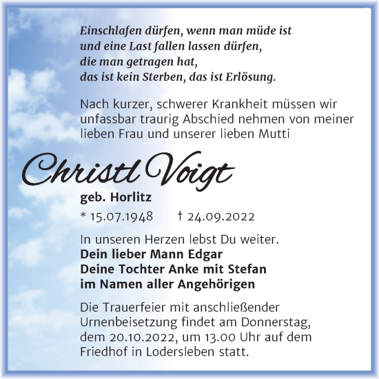 Traueranzeige von Christl Voigt von Trauerkombi Merseburg