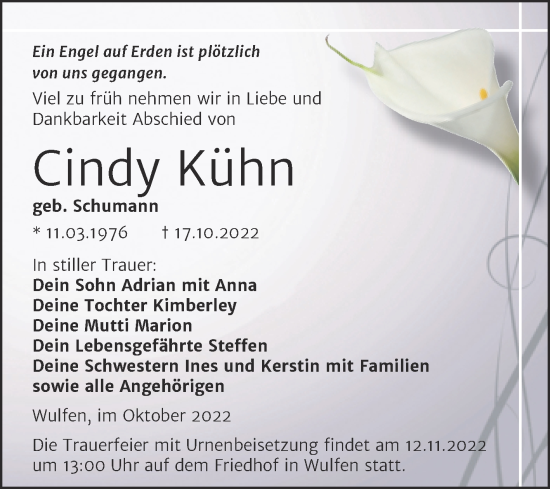 Traueranzeige von Cindy Kühn von Trauerkombi Köthen