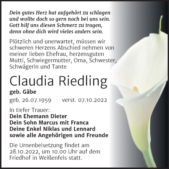Traueranzeige von Claudia Riedling von Trauerkombi Weißenfels