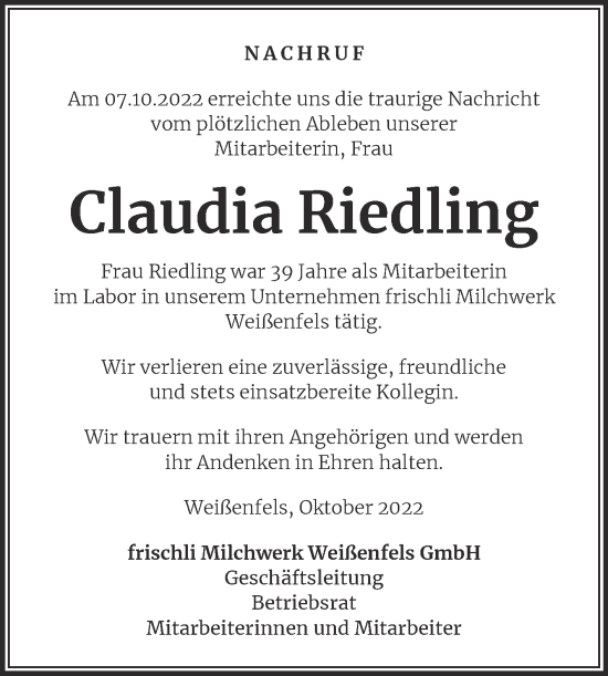 Traueranzeige von Claudia Riedling von Mitteldeutsche Zeitung Weißenfels