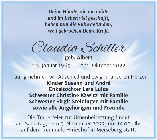 Traueranzeige von Claudia Schiller von Trauerkombi Merseburg