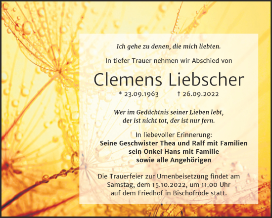 Traueranzeige von Clemens Liebscher von Trauerkombi Mansfelder Land