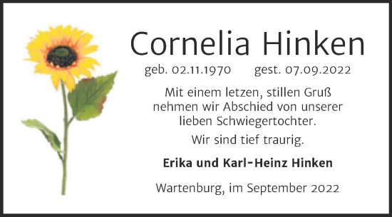 Traueranzeige von Cornelia Hinken von Trauerkombi Wittenberg