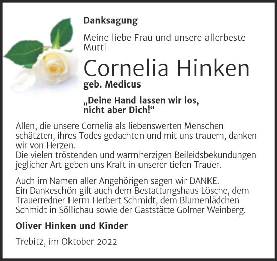 Traueranzeige von Cornelia Hinken von Trauerkombi Wittenberg