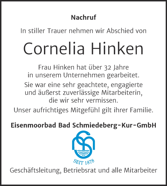 Traueranzeige von Cornelia Hinken von Mitteldeutsche Zeitung