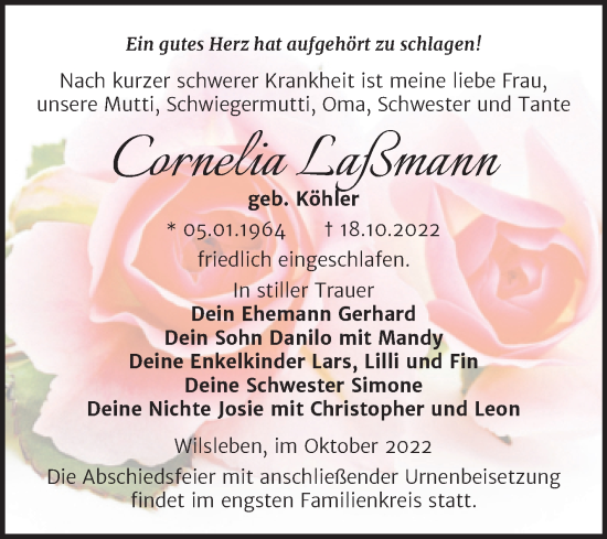 Traueranzeige von Cornelia Laßmann von Trauerkombi Aschersleben