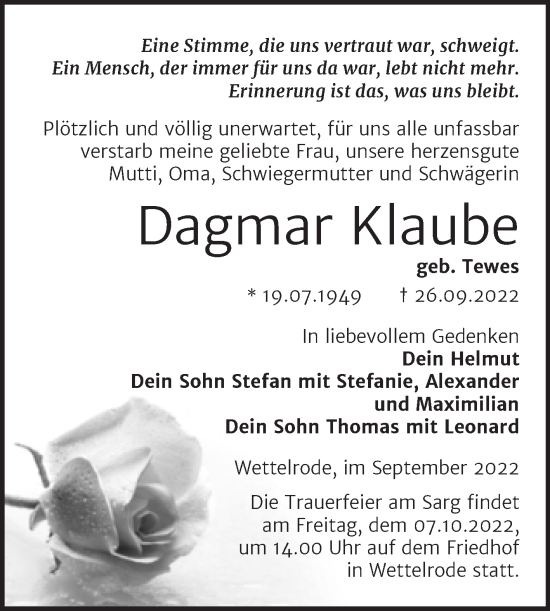 Traueranzeige von Dagmar Klaube von Trauerkombi Sangerhausen
