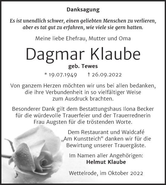 Traueranzeige von Dagmar Klaube von Trauerkombi Sangerhausen