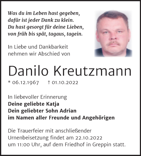 Traueranzeige von Danilo Kreutzmann von Trauerkombi Bitterfeld