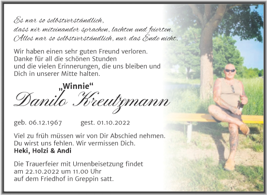 Traueranzeige von Danilo Kreutzmann von Trauerkombi Bitterfeld