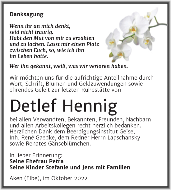 Traueranzeige von Detlef Hennig von Trauerkombi Köthen