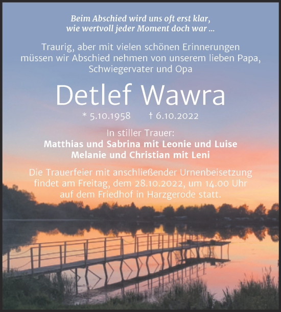 Traueranzeige von Detlef Wawra von Trauerkombi Quedlinburg