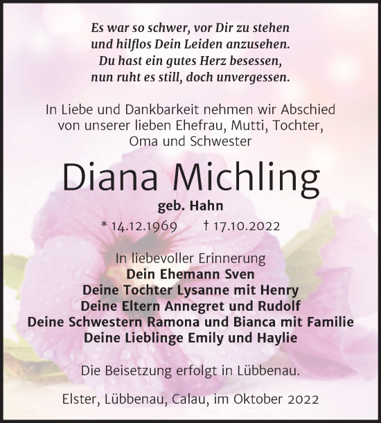 Traueranzeige von Diana Michling von Trauerkombi Wittenberg