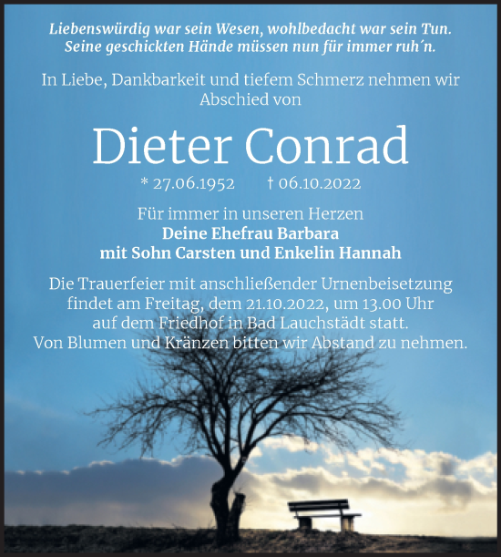 Traueranzeige von Dieter Conrad von Trauerkombi Merseburg