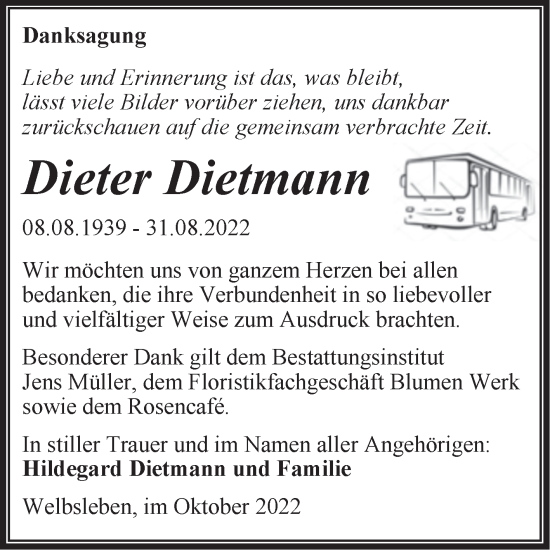 Traueranzeige von Dieter Dietmann von Trauerkombi Mansfelder Land