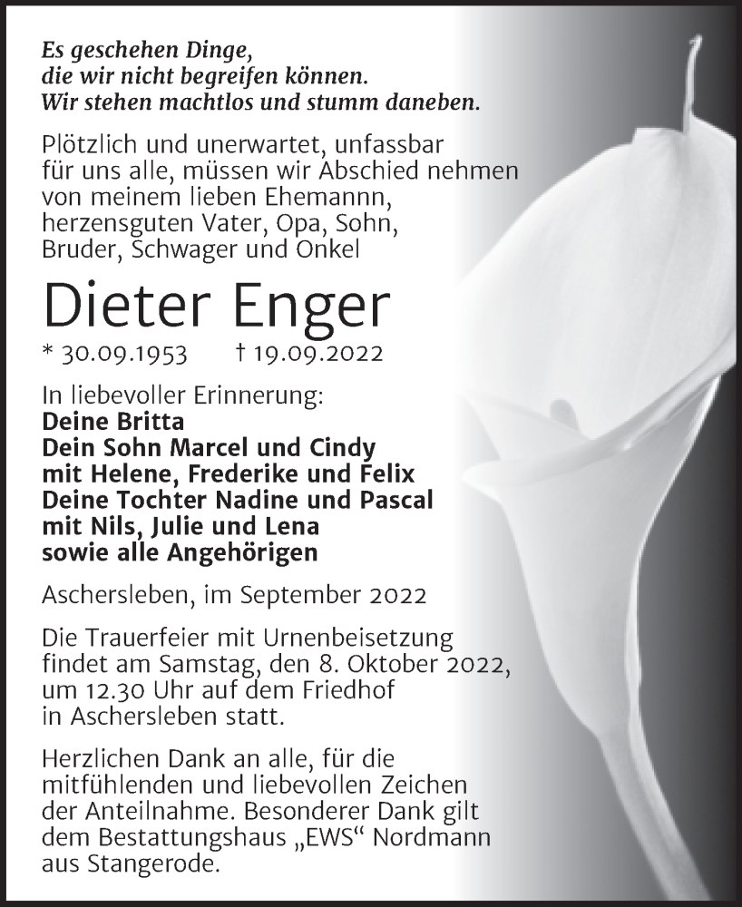  Traueranzeige für Dieter Enger vom 01.10.2022 aus Trauerkombi Quedlinburg