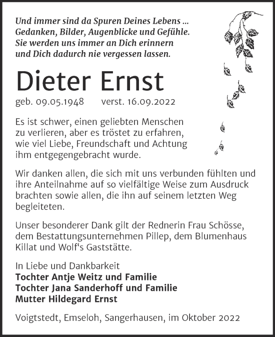Traueranzeige von Dieter Ernst von Trauerkombi Sangerhausen