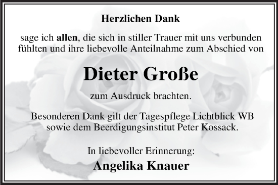 Traueranzeige von Dieter Große von Trauerkombi Wittenberg