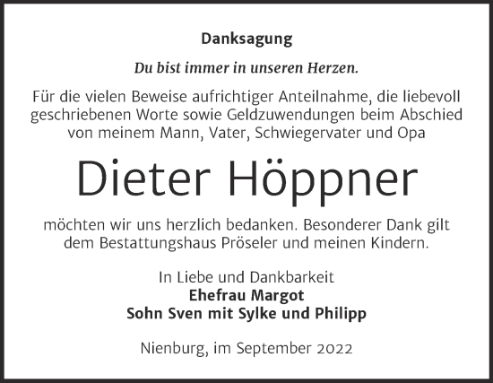 Traueranzeige von Dieter Höppner von Trauerkombi Bernburg