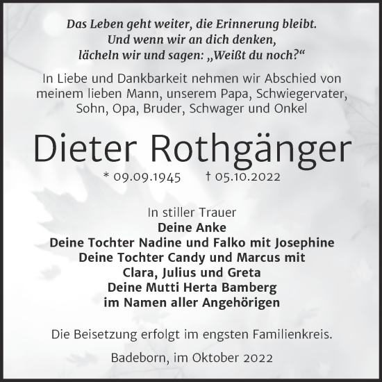 Traueranzeige von Dieter Rothgänger von Trauerkombi Quedlinburg