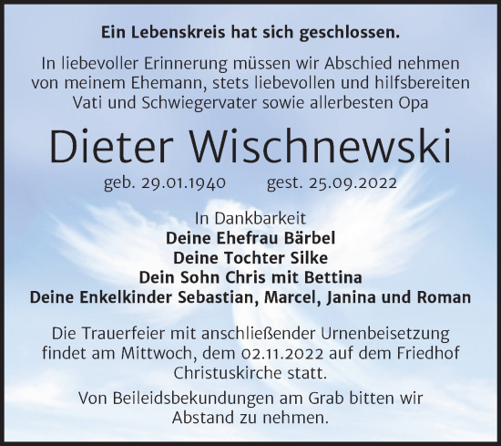 Traueranzeige von Dieter Wischnewski von Trauerkombi Wittenberg