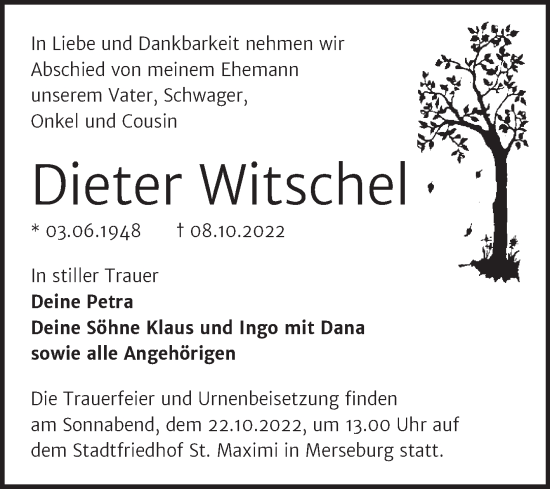 Traueranzeige von Dieter Witschel von Trauerkombi Merseburg