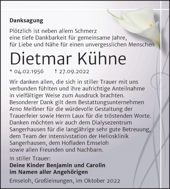 Traueranzeige von Dietmar Kühne von Trauerkombi Sangerhausen