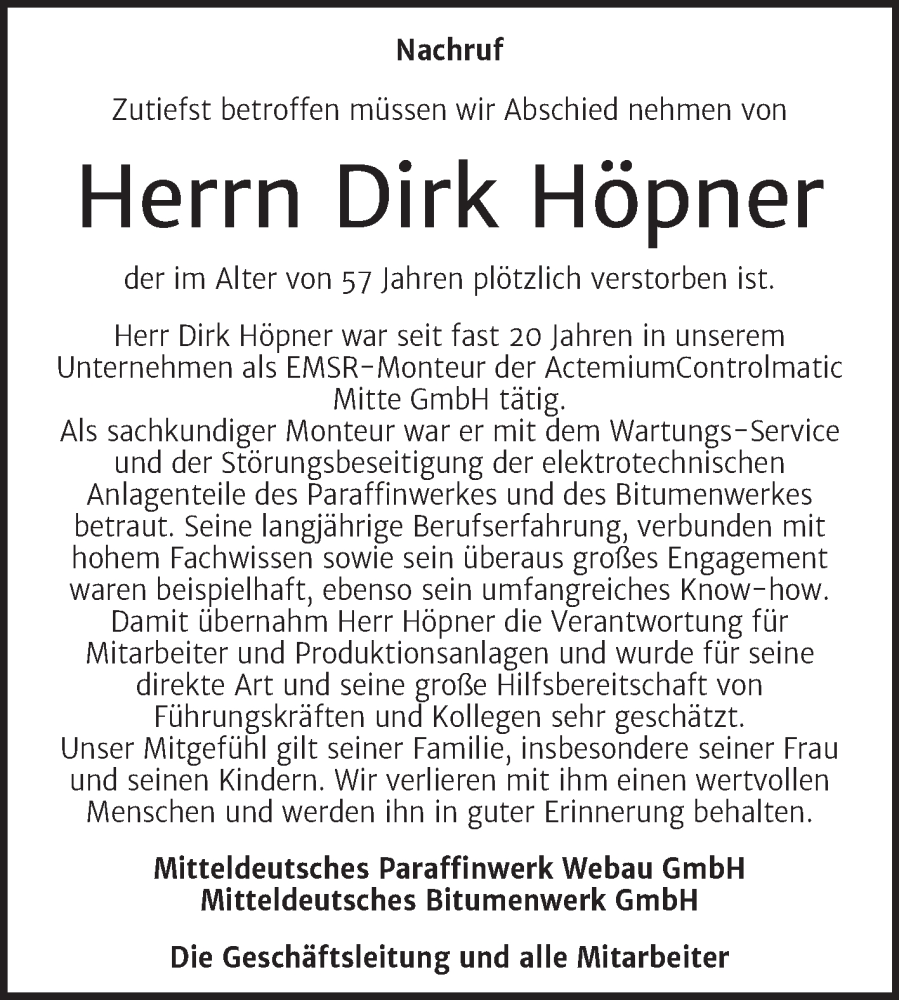  Traueranzeige für Dirk Höpner vom 05.10.2022 aus Wochenspiegel Weißenfels