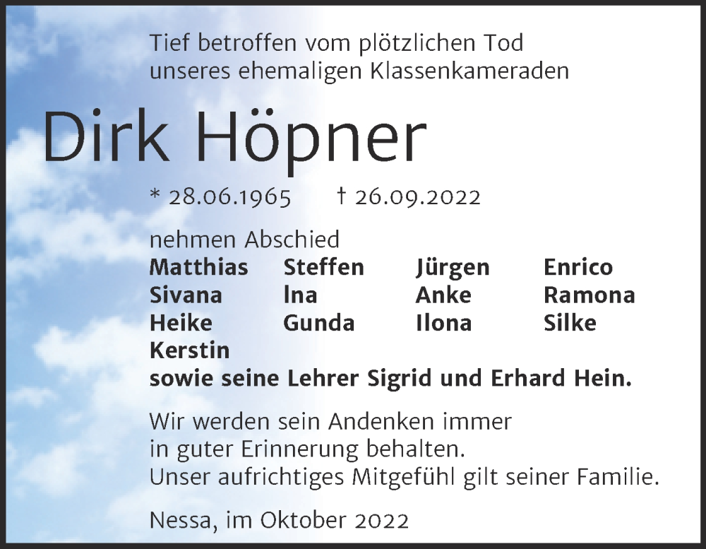  Traueranzeige für Dirk Höpner vom 12.10.2022 aus Trauerkombi Weißenfels