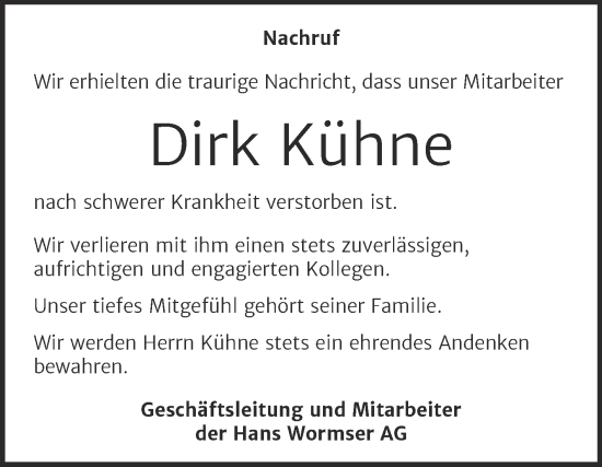 Traueranzeige von Dirk Kühne von Super Sonntag Bernburg