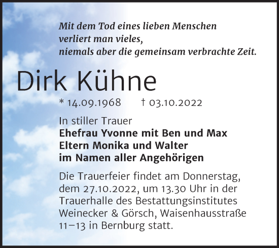 Traueranzeige von Dirk Kühne von Trauerkombi Bernburg