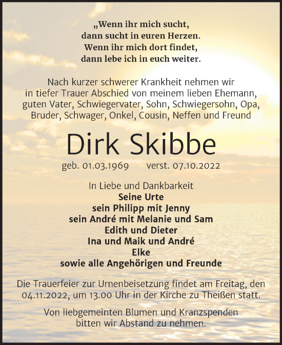 Traueranzeige von Dirk Skibbe von Trauerkombi Zeitz