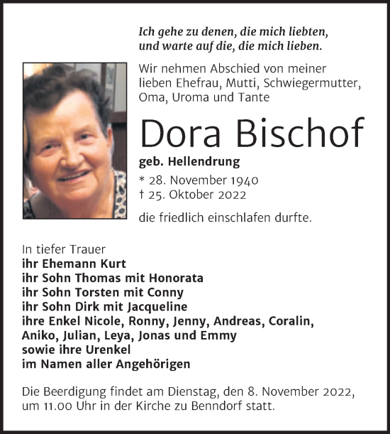 Traueranzeige von Dora Bischof von Naumburger Tageblatt