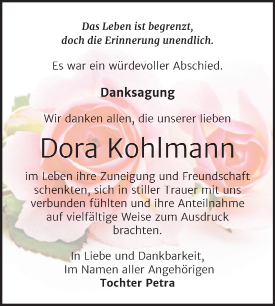 Traueranzeige von Dora Kohlmann von Trauerkombi Wittenberg