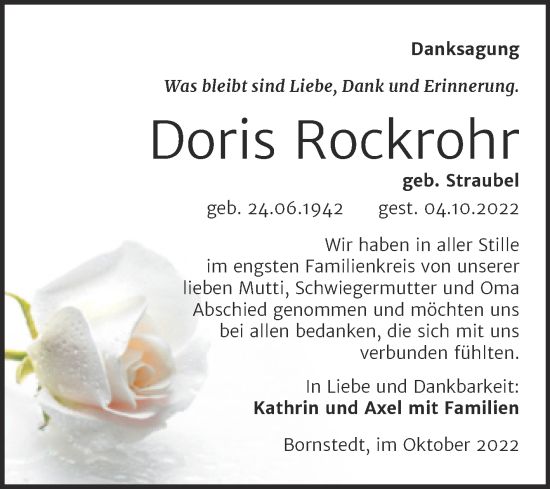 Traueranzeige von Doris Rockrohr von Trauerkombi Mansfelder Land