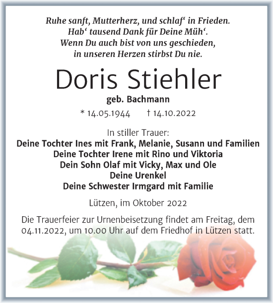 Traueranzeige von Doris Stiehler von Trauerkombi Weißenfels