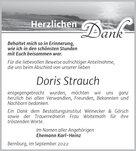 Traueranzeige von Doris Strauch von Trauerkombi Bernburg
