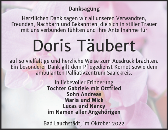 Traueranzeige von Doris Täubert von Trauerkombi Merseburg