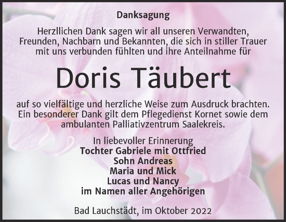  Traueranzeige für Doris Täubert vom 22.10.2022 aus Trauerkombi Merseburg