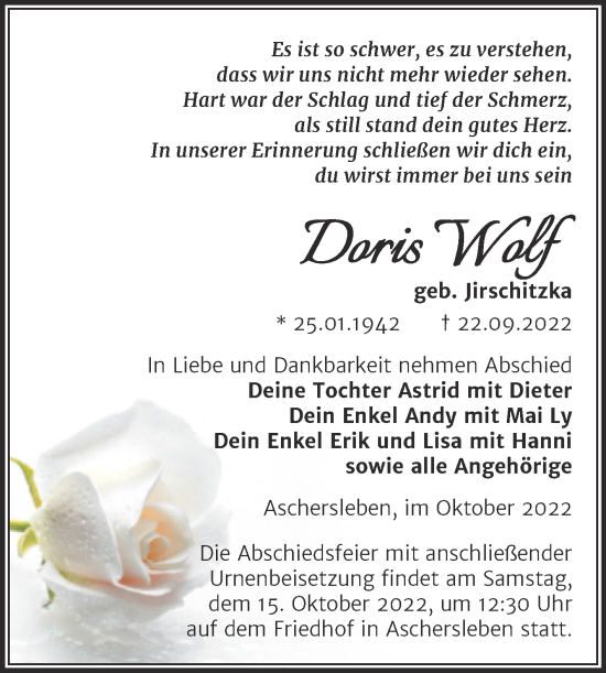 Traueranzeige von Doris Wolf von Trauerkombi Aschersleben